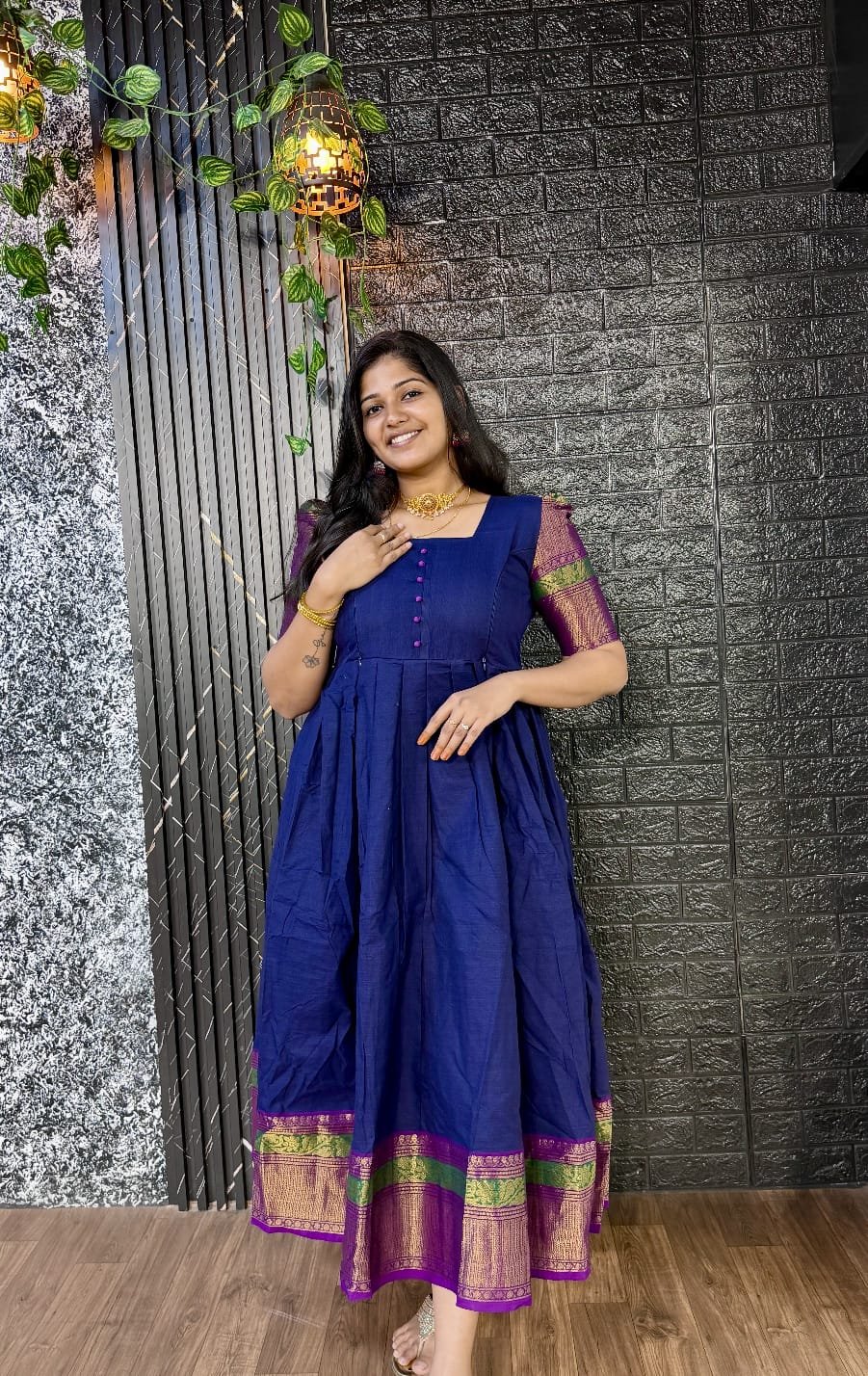 blue and Pink color Pure Cotton Festive Outfit for Moms - Image 3