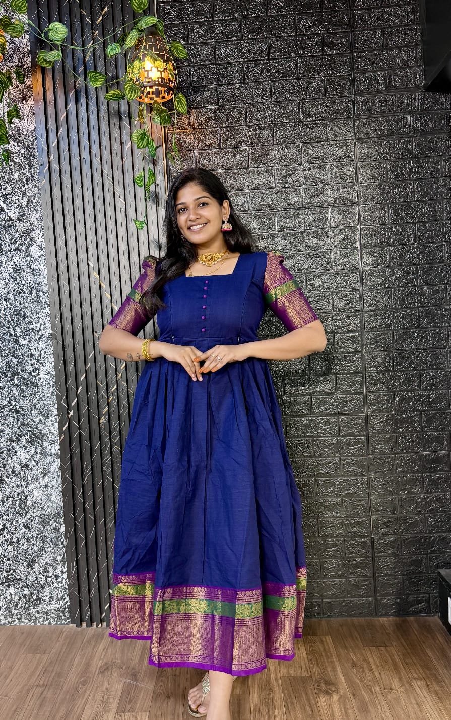 blue and Pink color Pure Cotton Festive Outfit for Moms - Image 4