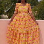 Hakoba Printed Cotton 2-Tier Maxi Yellow and Pink color kuruthi