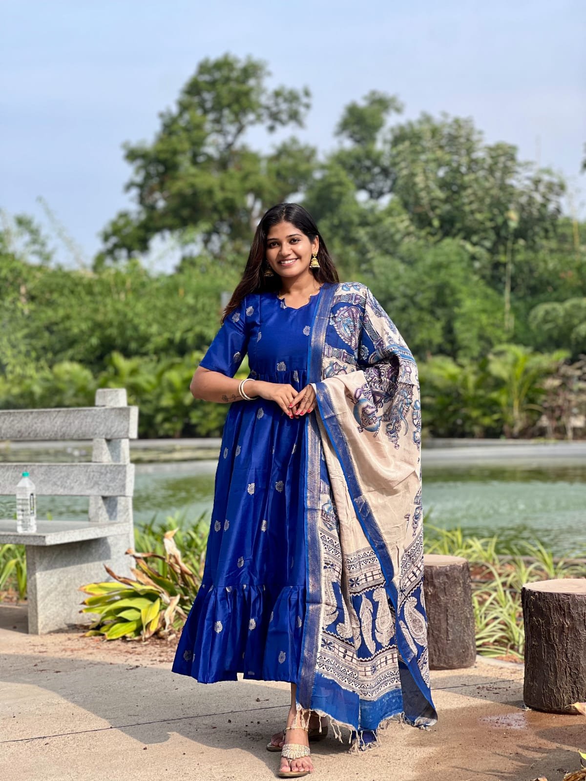 Blue color Nijam Border Dupatta Raw Silk feeding kuruthi - Image 9