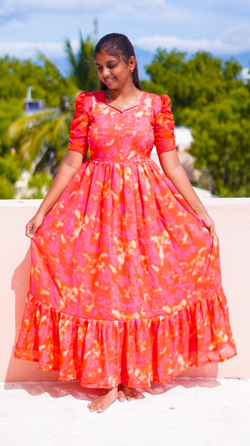 Orange color 2-Tier Georgette feeding kuruthi