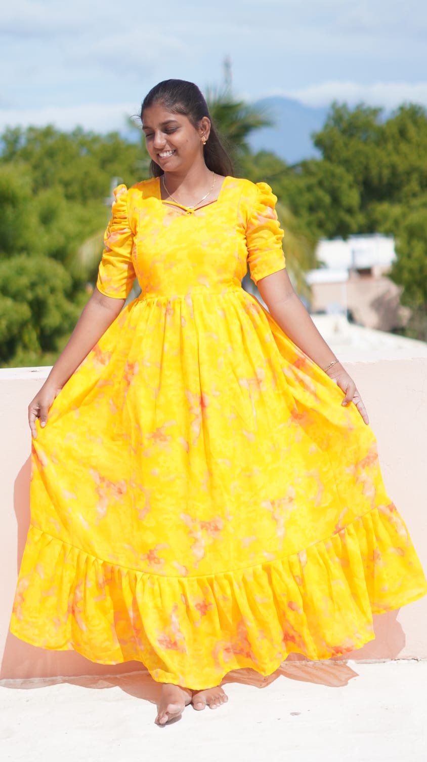 yellow color 2-Tier Georgette feeding kuruthi