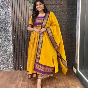 Mustard Yellow with Deep Purple kalayani cotton party wear