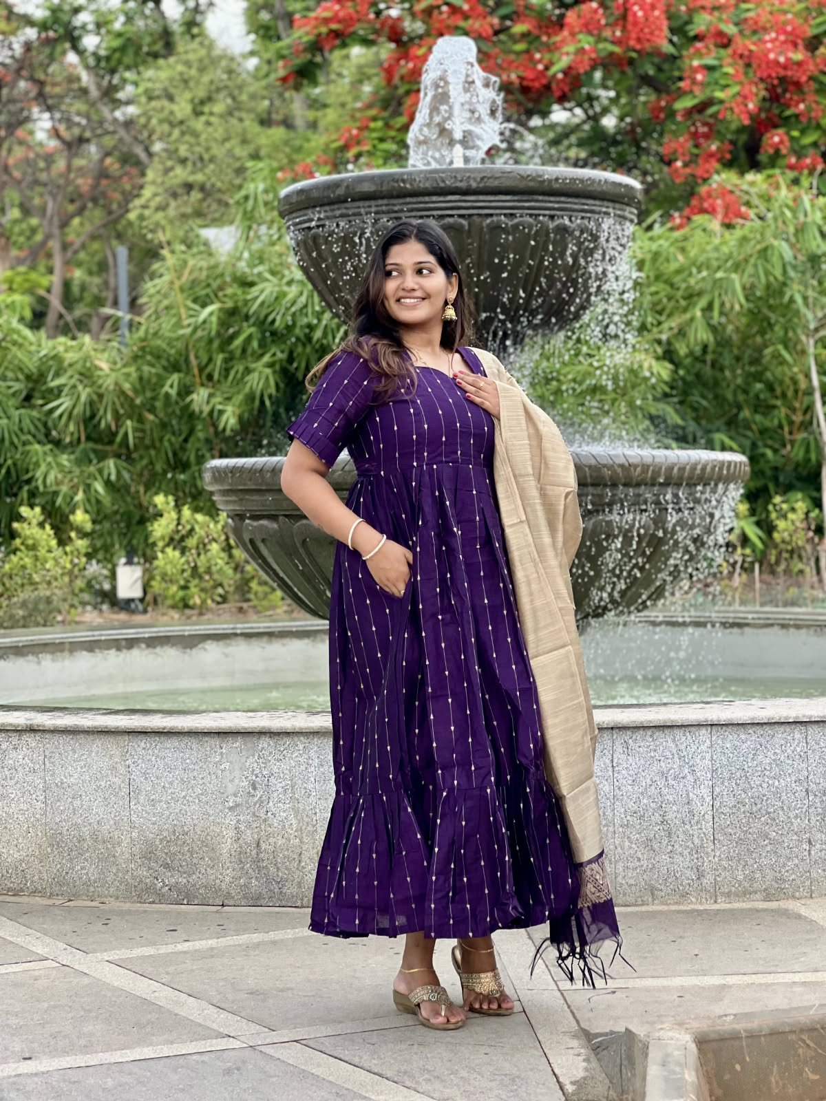 Deep Purple with golden zari Raw skil cotton party wear - Image 3