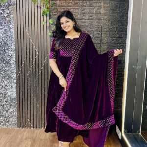 Wine color with duppata velvet party wear