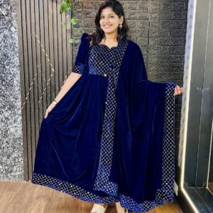 blue color Zari work Velvet party wear