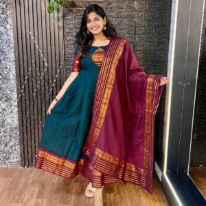 Green  and Marron Zari border party wear