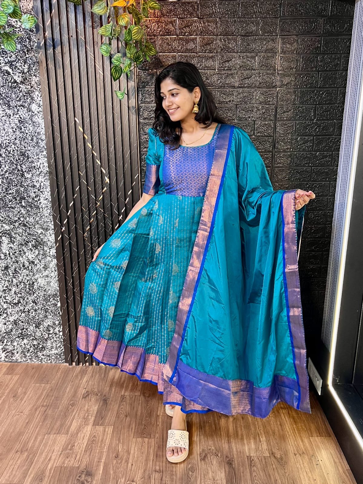 PEACOCK BLUE PARTY WEAR pleated Long Maxi GOWN