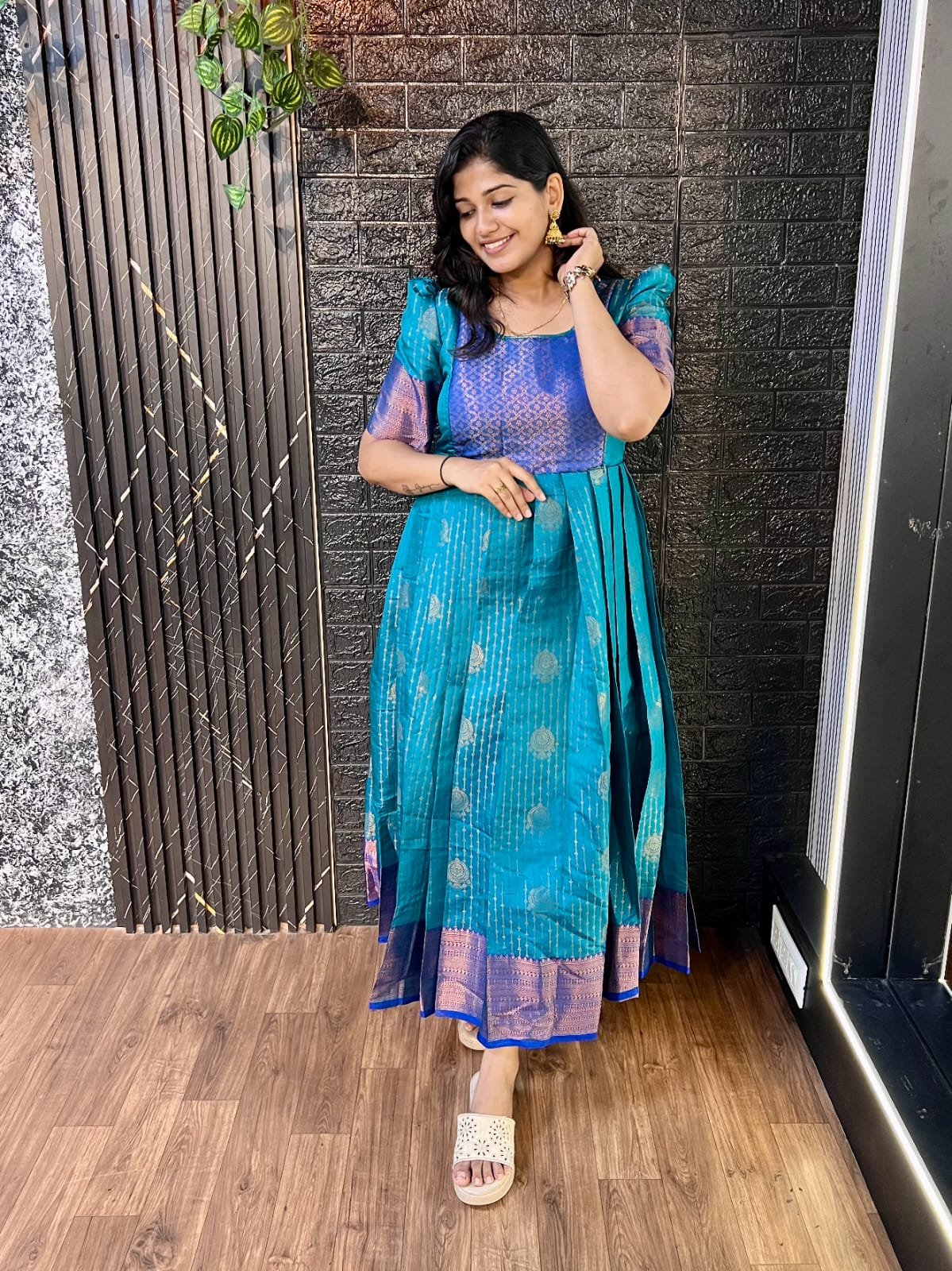 PEACOCK BLUE PARTY WEAR pleated Long Maxi GOWN - Image 11