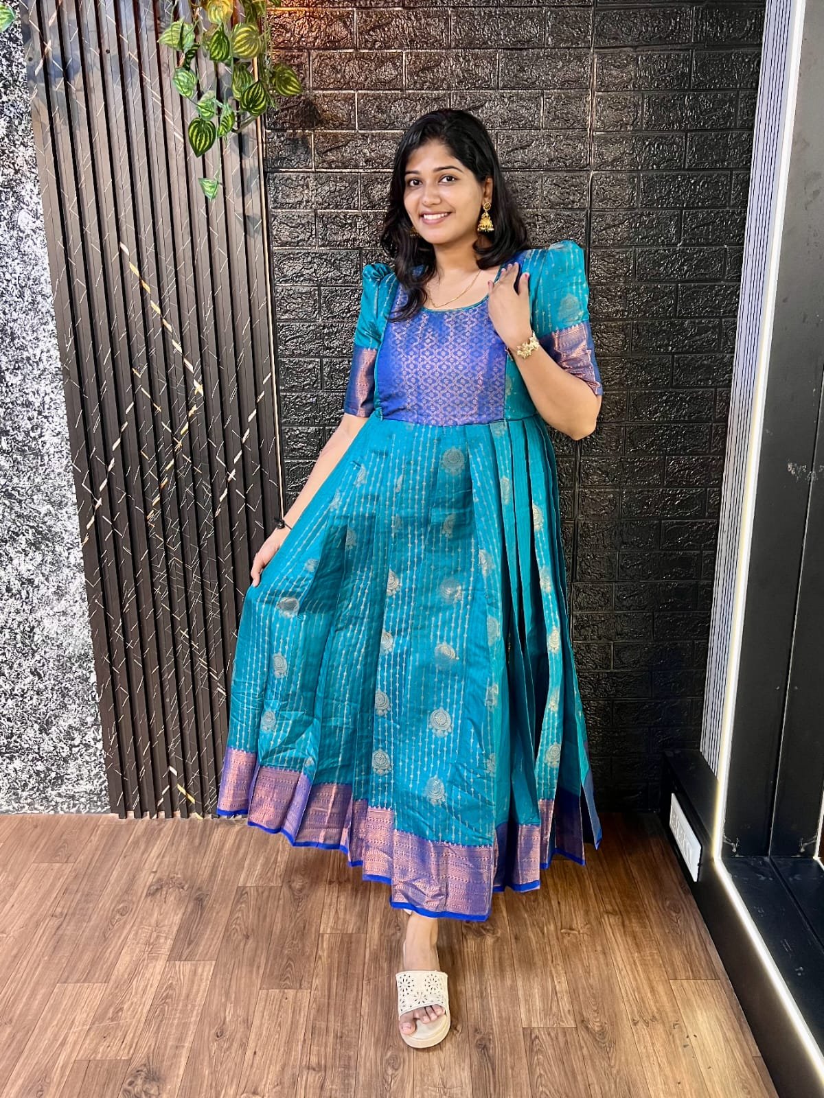 PEACOCK BLUE PARTY WEAR pleated Long Maxi GOWN - Image 3