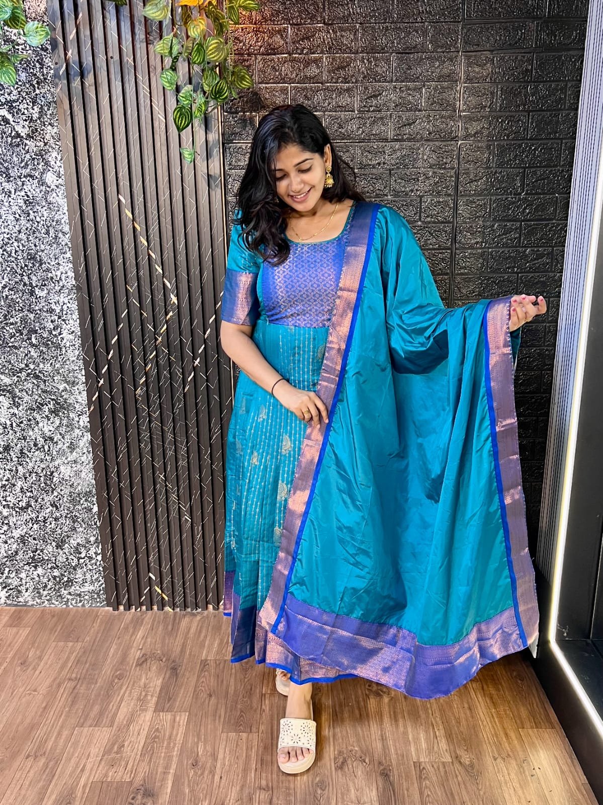 PEACOCK BLUE PARTY WEAR pleated Long Maxi GOWN - Image 2