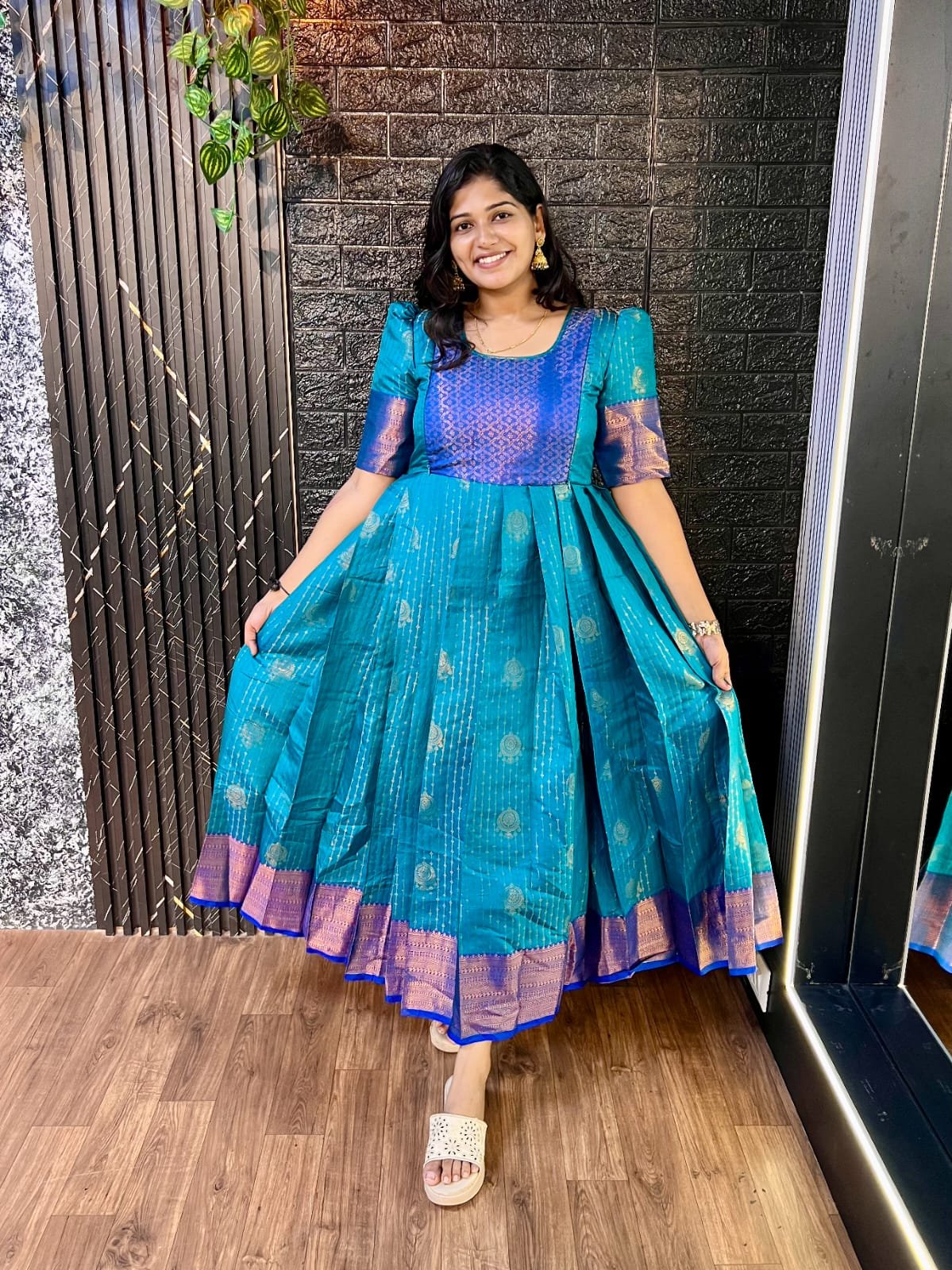 PEACOCK BLUE PARTY WEAR pleated Long Maxi GOWN - Image 7